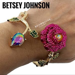 Betsey Johnson Flower Hinged Bangle / Rose / Garden Jeweled / Rhinestones Bling